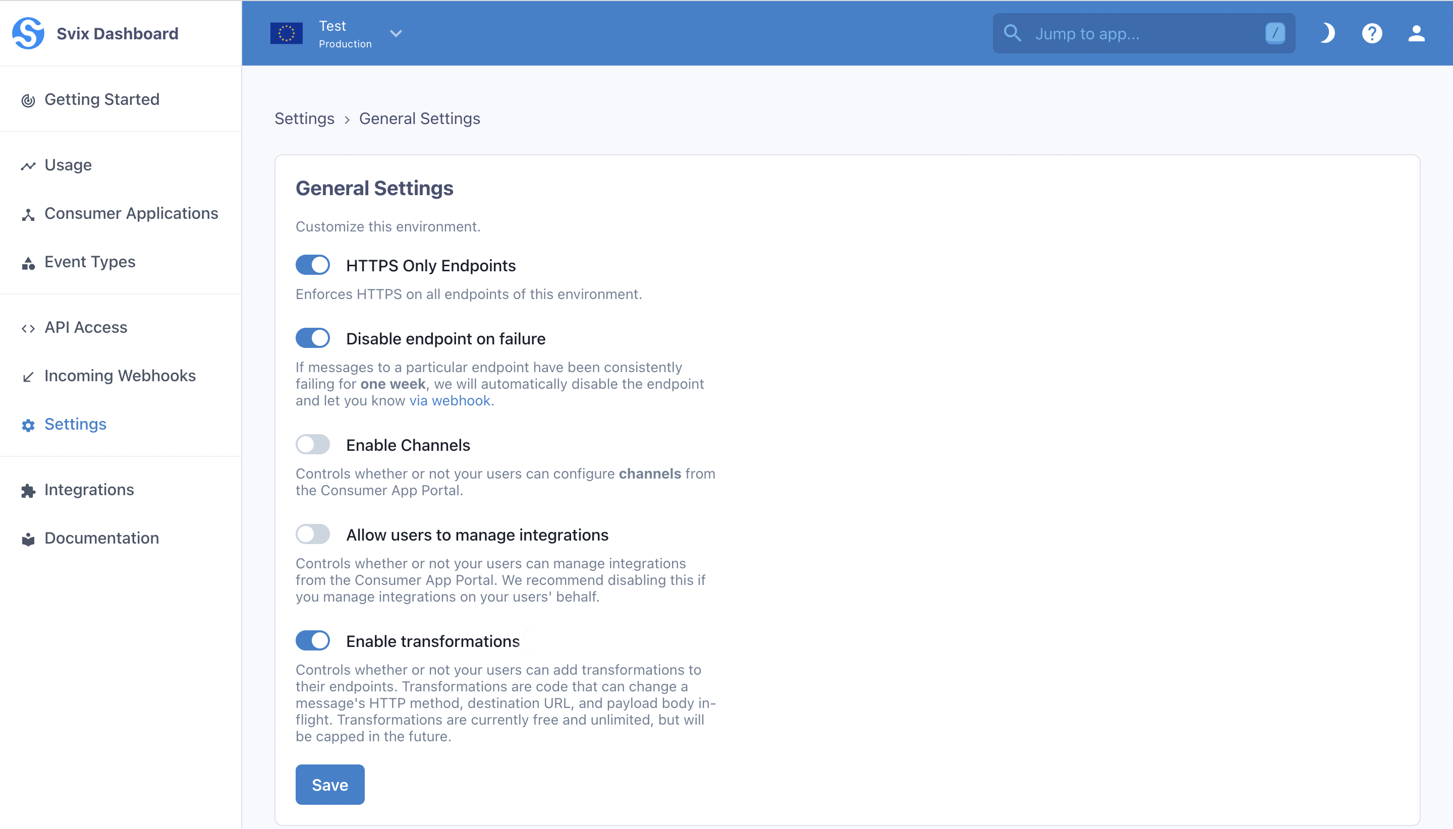 Environment Settings page with the Enable Transformation toggle